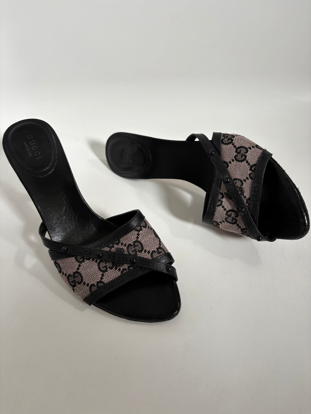 Gucci GG Monogram Canvas Strappy Mule Heels — EU 37.5C / UK 4.5 / US 7