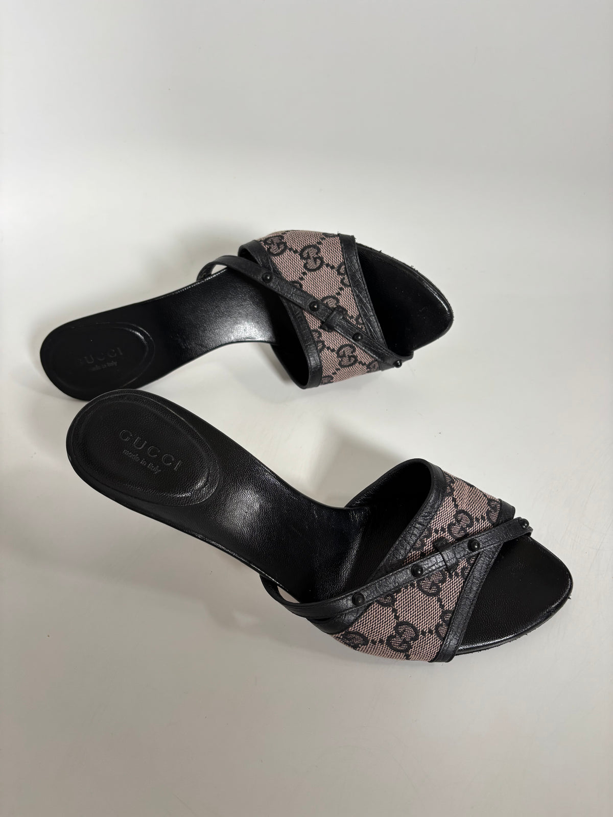 Gucci GG Monogram Canvas Strappy Mule Heels — EU 37.5C / UK 4.5 / US 7