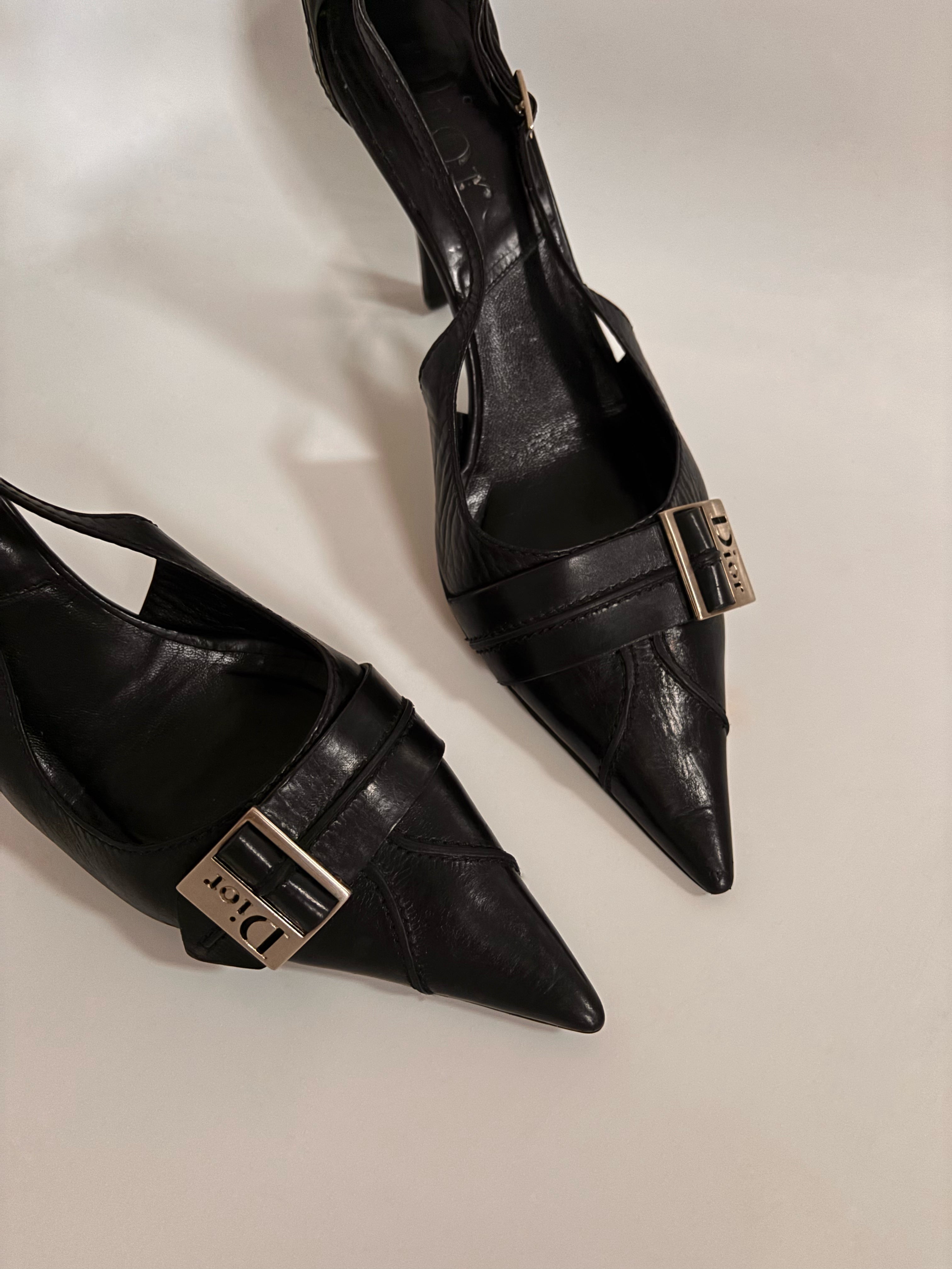 Christian Dior Black Leather T-Strap Logo Buckle Heels – John Galliano Era (Early 2000s) | EU 39.5 / UK 6.5